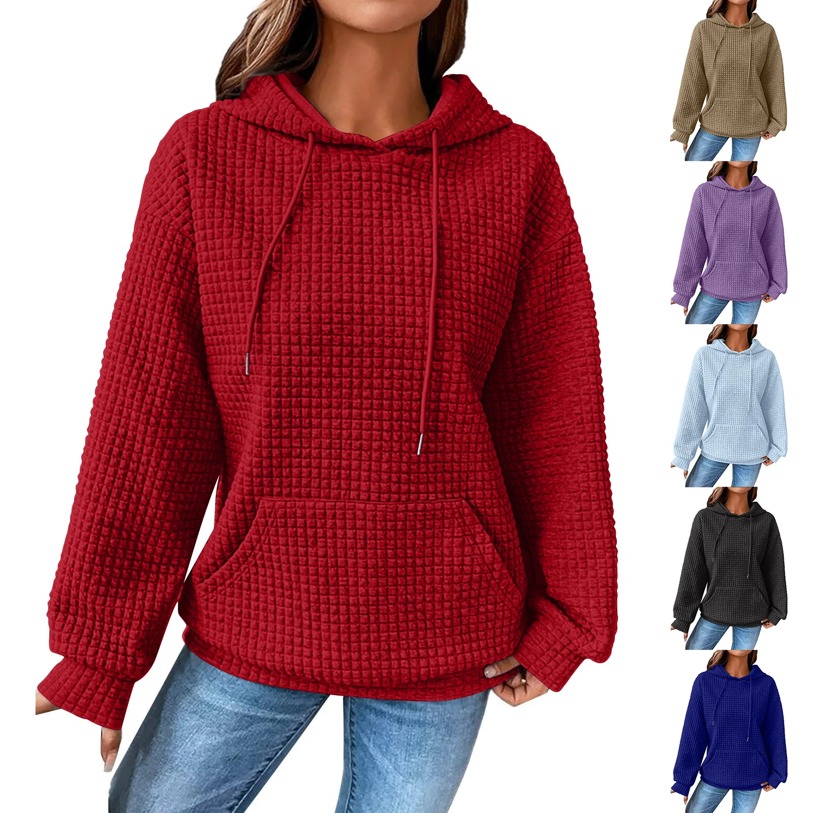Women'S Fashion Loose Hooded Pullover Long Sleeve Patchwork Plaid Sweat Drawstring Shoulder Strap Pocket Top Sudaderas De Mujer