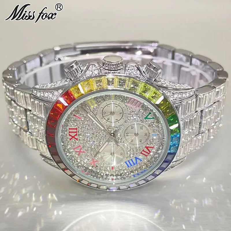 Fashion Watch For Men Brand MISSFOX Luxury Rainbow Square Diamond Wrist Watches Iced Out Jewelry Quartz Clocks Male Reloj Hombre