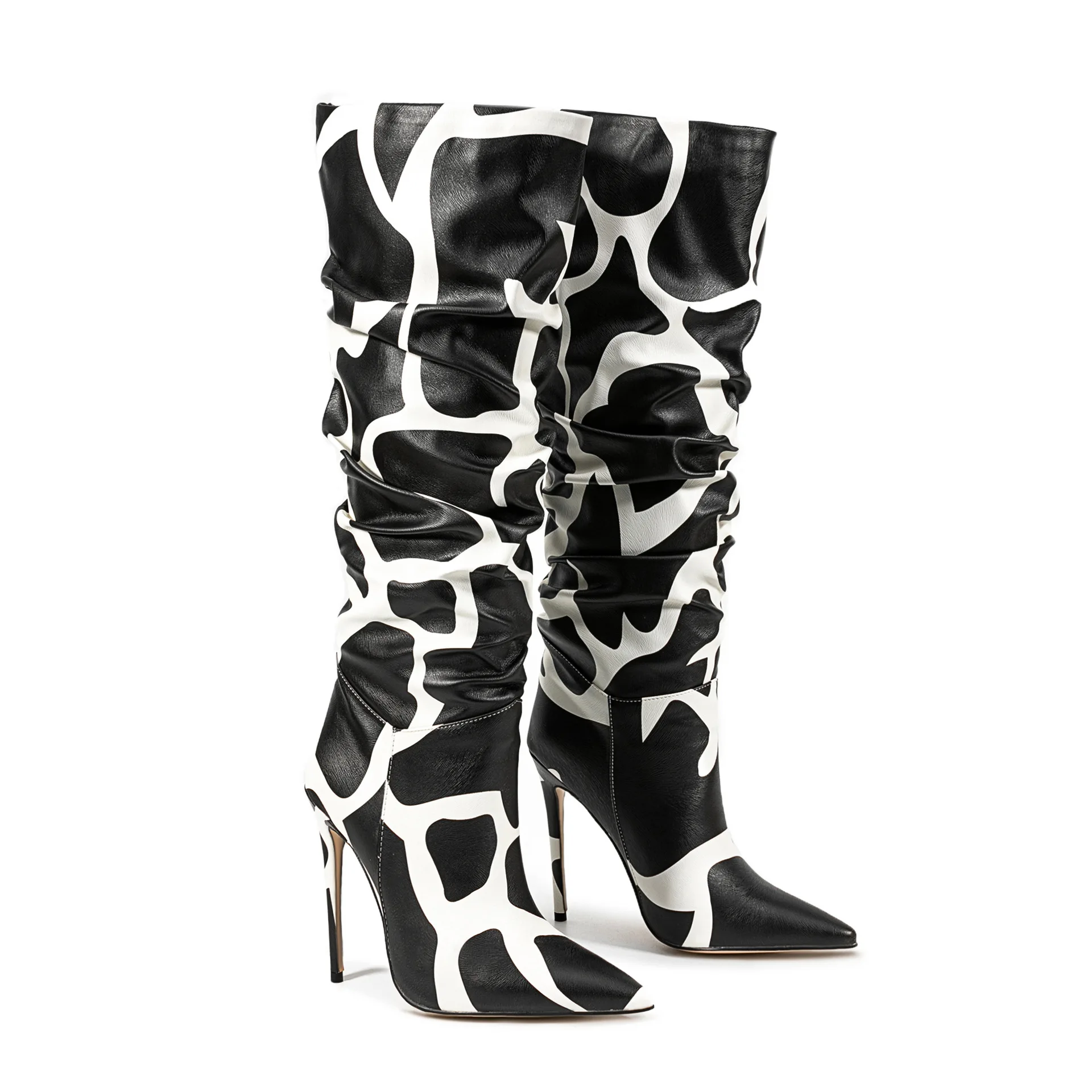 Zebra Pattern Pointed Stiletto Over-The-Knee Boots Woman Winter 2025 Wrinkles Slip-On High Heel Fashion Boots Shoes for Women