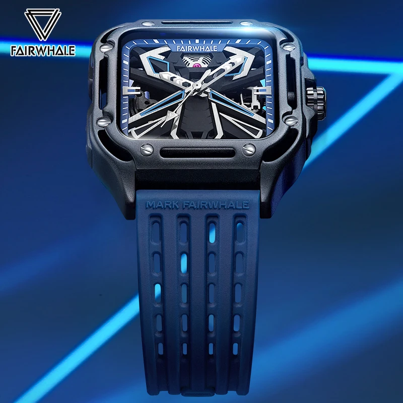 

Fashion Skeleton Watches Mans Famous Brand Mark Fairwhale Sports Blue Silicone Strap Square Automatic Mechanical Wristwatch Man