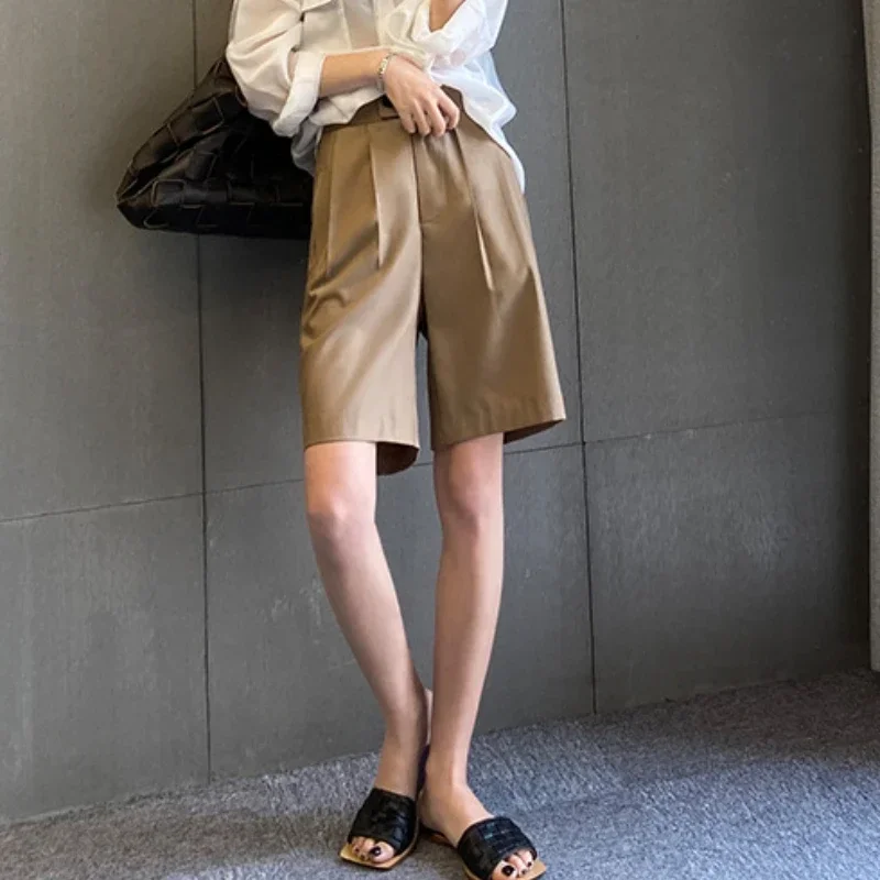 Frühling Sommer Mode Damen Breite Bein Anzüge Shorts Casual Hohe Taille Doppel Taste Einfarbig Gerade Büro Dame Shorts Hosen