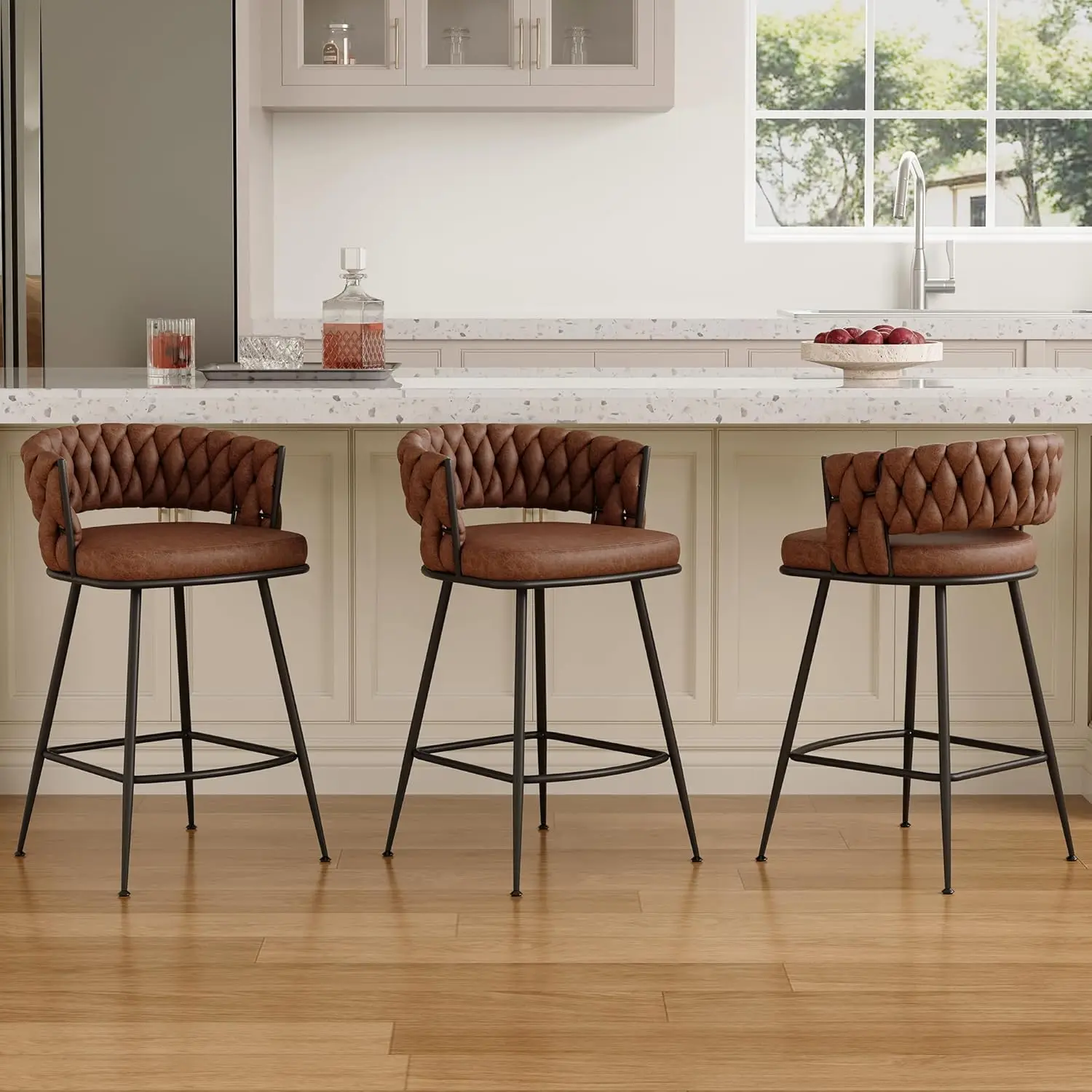 

24inch Bar Stools Set of 3, Counter Height Bar Stools, Suede Fabric Bar Chairs with Woven Back and Footrest for, Customized