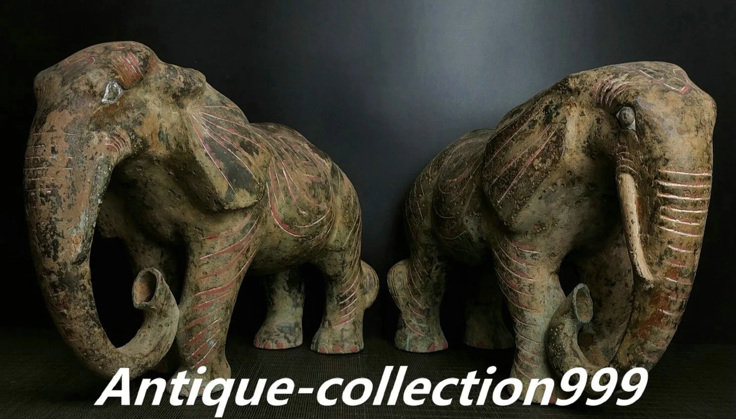 

5.7 inch old dynasty bronze ware painting inscription elephant animal statue pair -