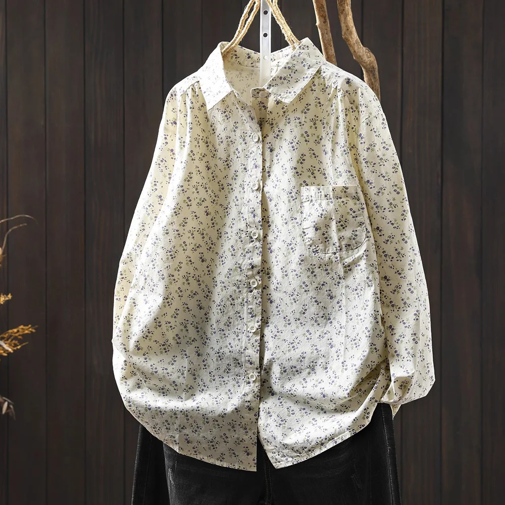 

Осенняя одежда 2025 года, женские хлопковые блузки в японском стиле с принтом, рубашки с длинными рукавами, эстетичная одежда среднего возраста, женские топы