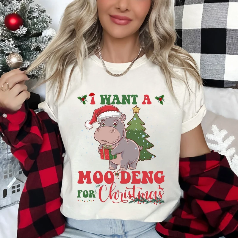 Mode T-Shirt Moo Deng Baby Nilpferd Weihnachten Grafik Frauen T-Shirt Kurzarm weibliche Sommer Mode lässig lose T-Shirt