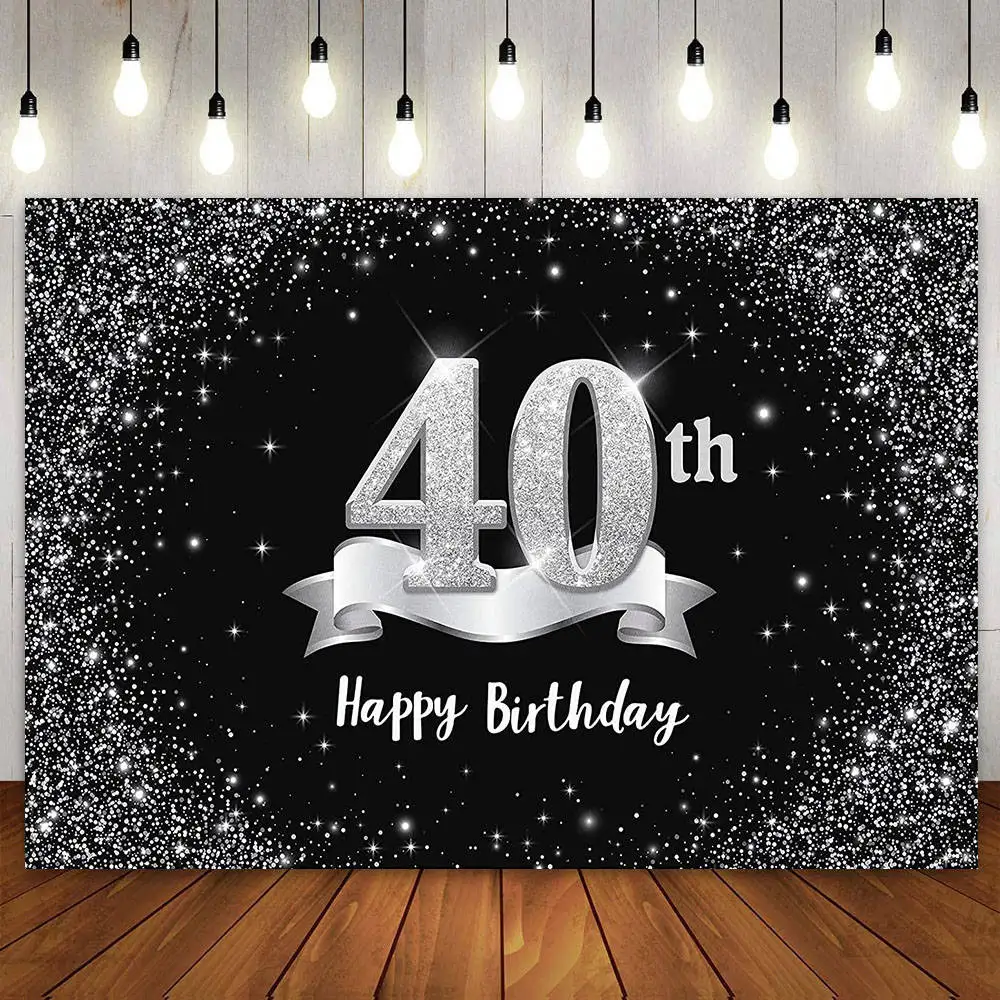 Happy 40th Birthday Backdrop 40 Years Old Party Decoration Cake Table for Women Men Forty Bday Black Silver Starry