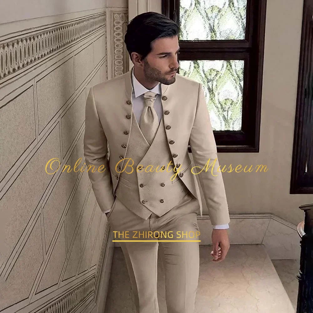 

Classic men's 3-piece suit in khaki jacket vest pants premium slim fit male attire birthday wedding dinner party, custom tuxedo