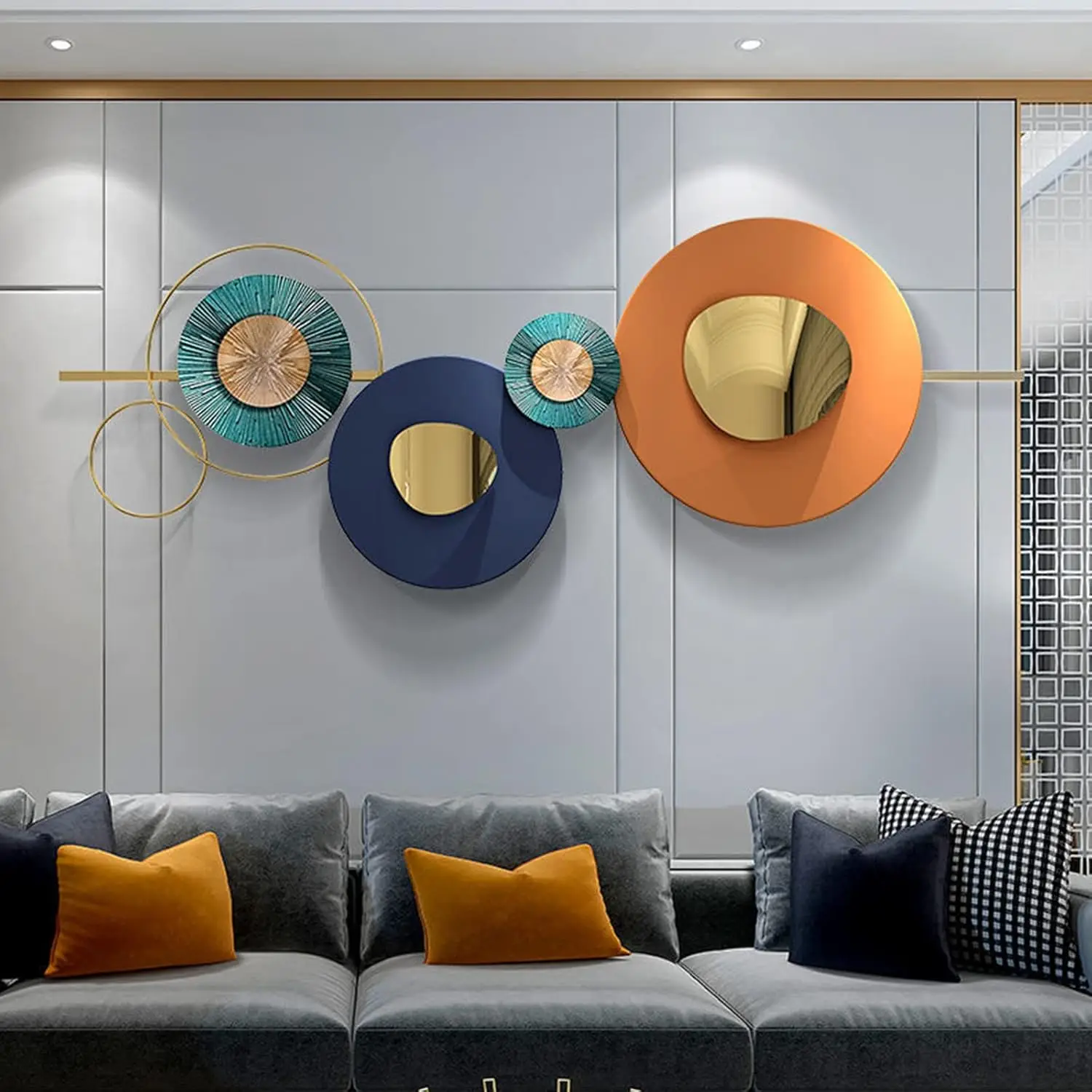 

Metal Art Gold Wall Decor for Living Room, Modern Creative Geometric Round Wall Art Decor 59" × 19.6" Large 3D Wall