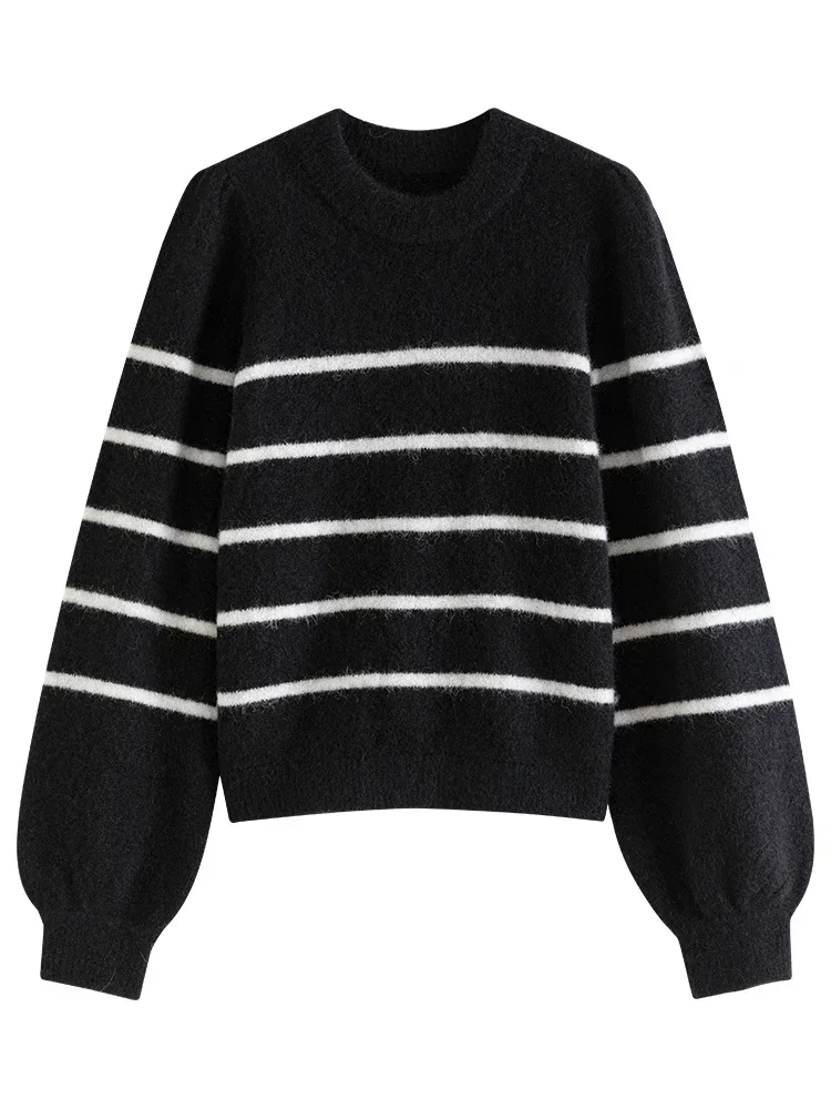 FSLE French Retro Style Puff Sleeve Round Neck Sweater For Women Winter 2023 Alpaca Wool Pullover Sweater Female Stripe Sweaters