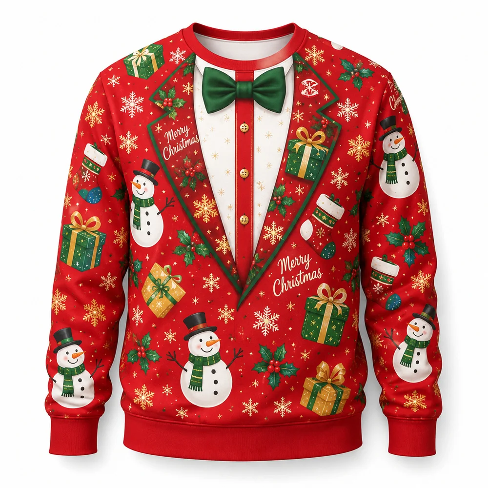 3D Print Funny Fake Lapel Bow Christmas Ugly Sweater Holiday Fashion Long Sleeve Crew Neck Sweatshirt Humour Design Xmas Gift