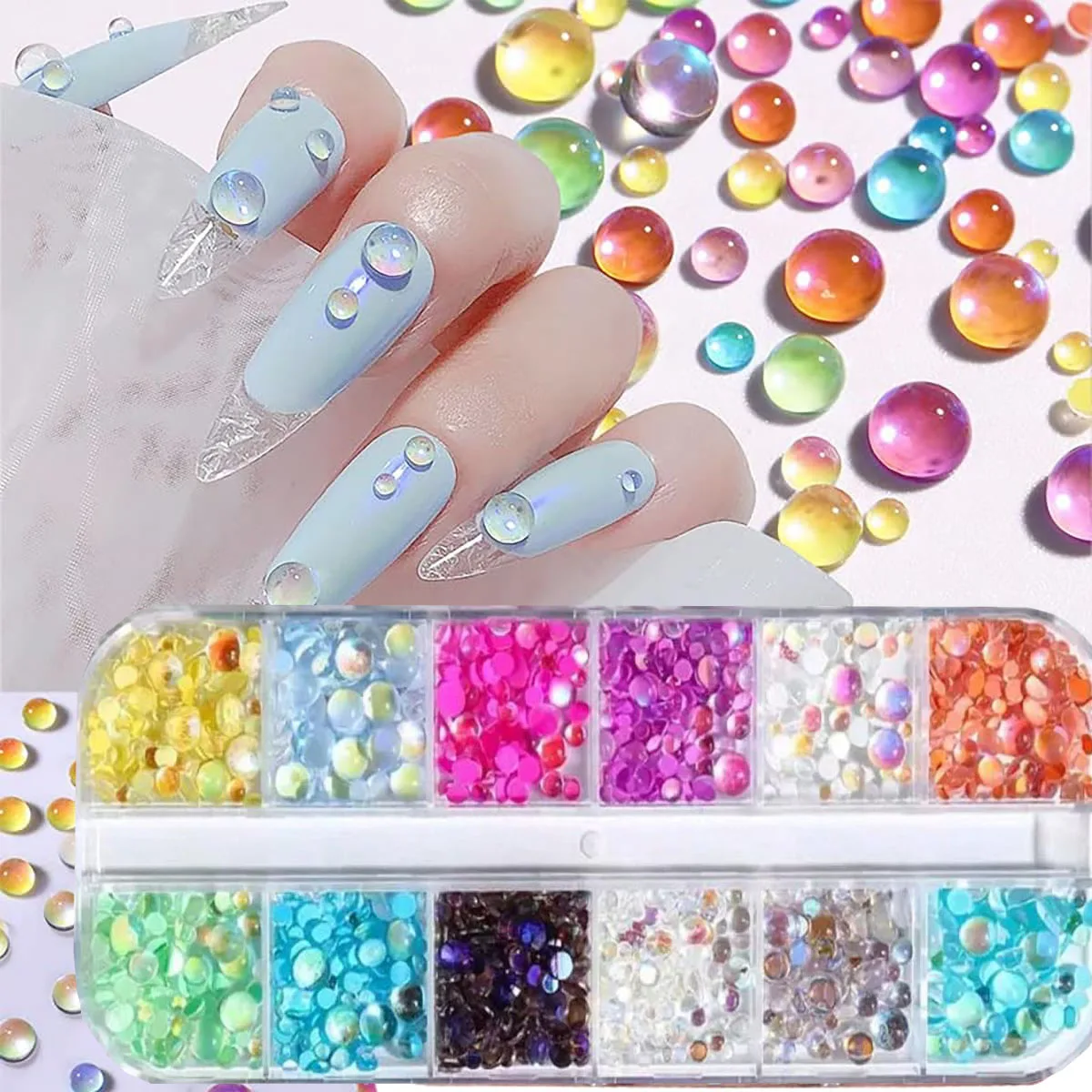 1Box Rainbow Mermaid Tears Nail Art Charms Macaron Bubble Beads Nail Art for Summer Aurora Half Spherical Glass Nail Decorations