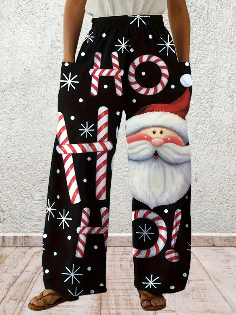 Casual Plus Size 1XL-5XL Yoga Pants w/Christmas Print, Long Wide Leg, Loose Fit, Pocketed Lounge/Pajama