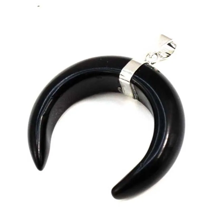 Crystal Crescent Moon Stone Pendant Necklace For Women Men Natural Amethyst Lapis Lazuli Black Agate Silver Color Necklaces