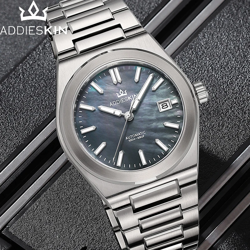 

AddiesKin Men Automatic Mechanical Watch Miyota 9015 Sapphire Crystal Mother of Pearl Dial Luxury Stainless 100M Waterproof