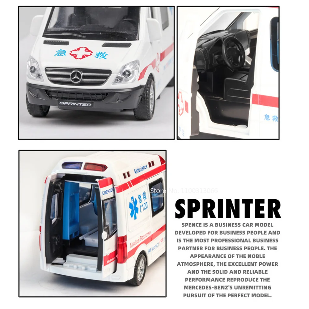 1/32 Ambulance Car Models Toys Alloy Diecast with Light Sound Rescue Vehicle 5 Doors Opened Cars Boy Collection Decoration Gifts