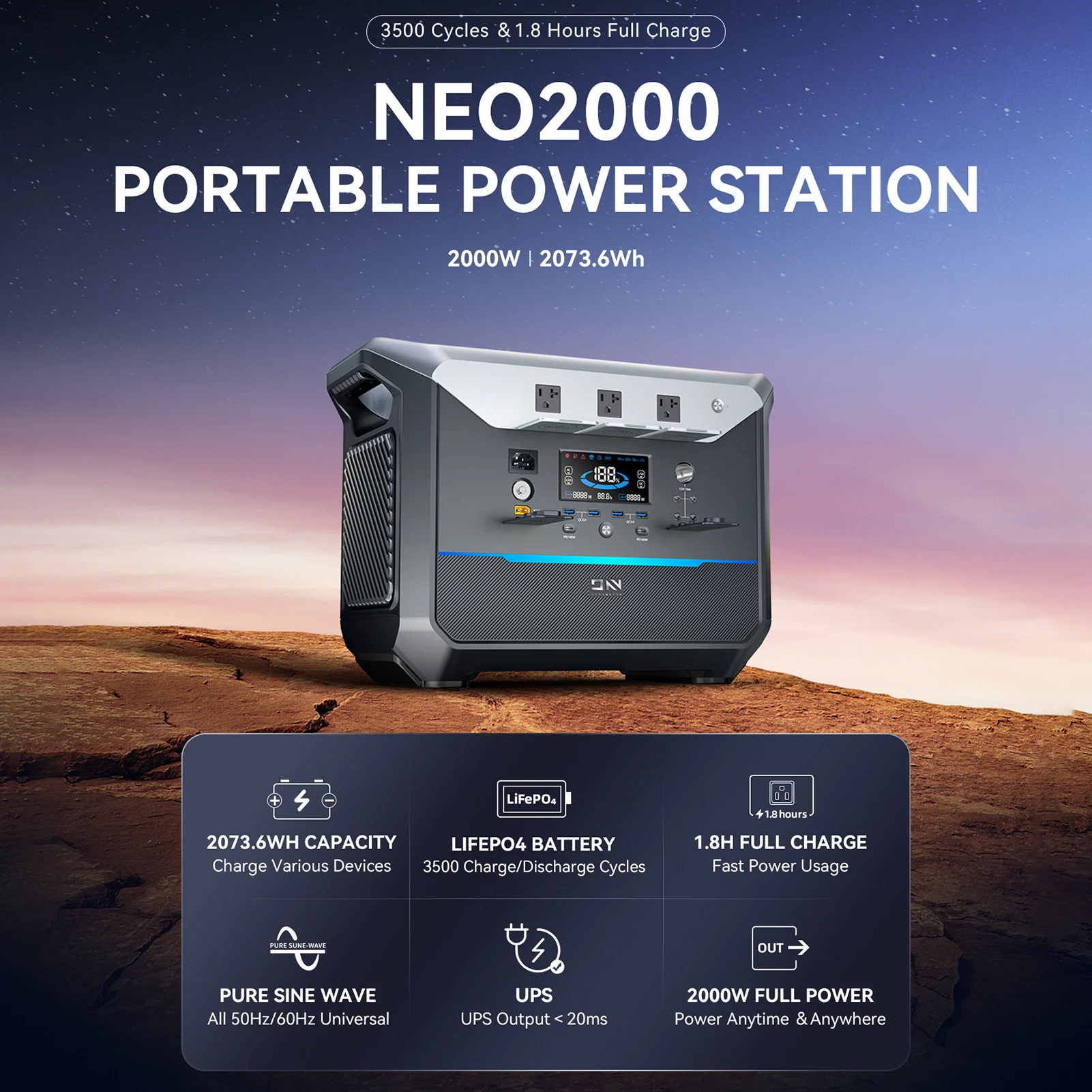 

Портативная электростанция DaranEner NEO2000, емкость 2000 Вт, 2073,6 Втч, аккумулятор LiFePO4, аварийный мобильный солнечный генератор для Ho