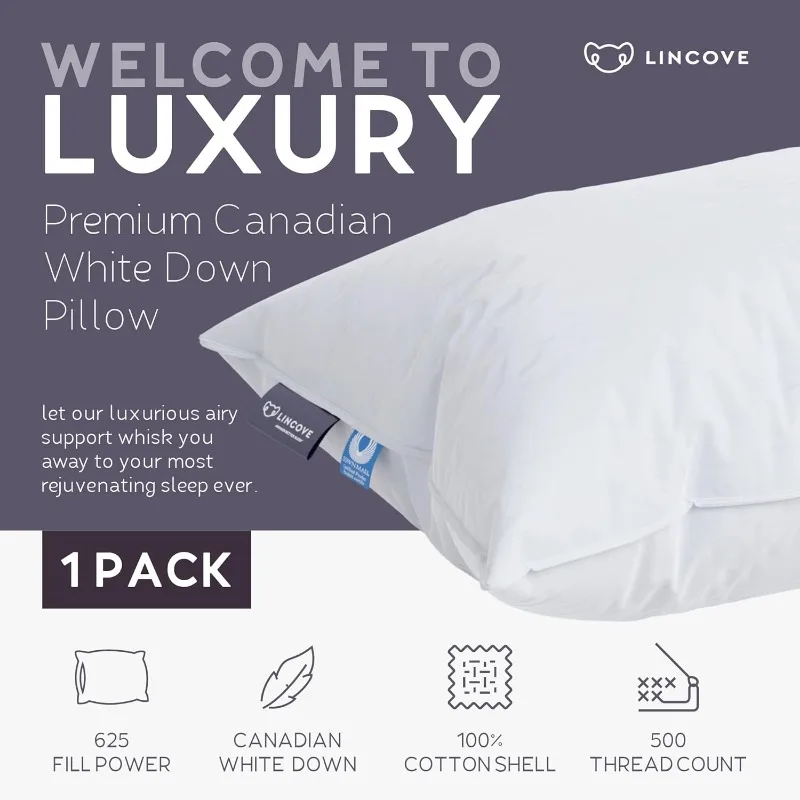 Cloud Natural Canadian White Down Luxury Sleeping Pillow - 625 Fill Power, 500 Thread Count Cotton Shell, Made in Canada, King