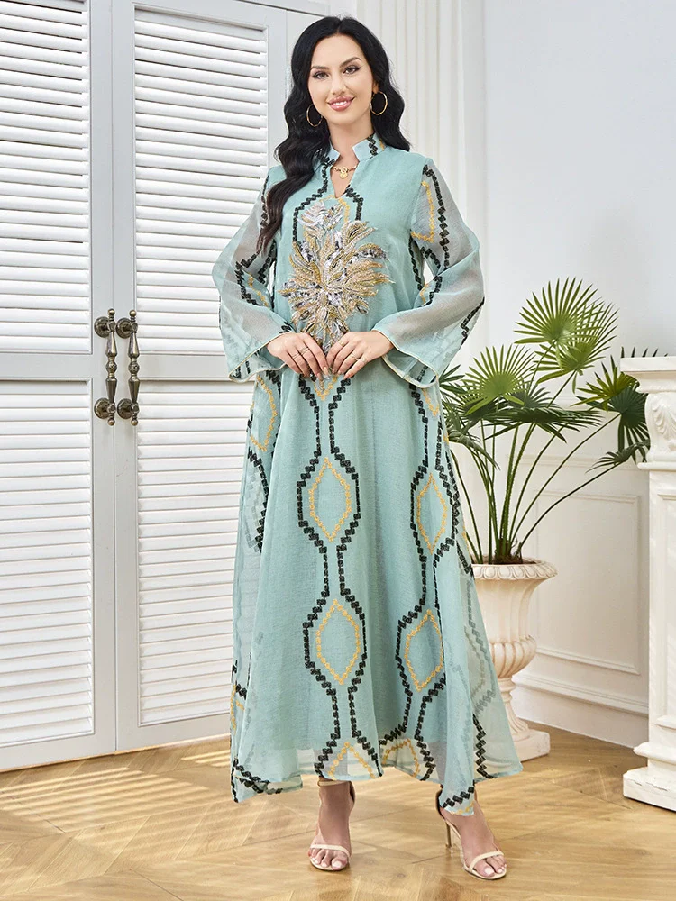

Middle Eastern new collar flower sequin skirt light luxury socialite party dress long skirt Muslim luxury fashion abaya