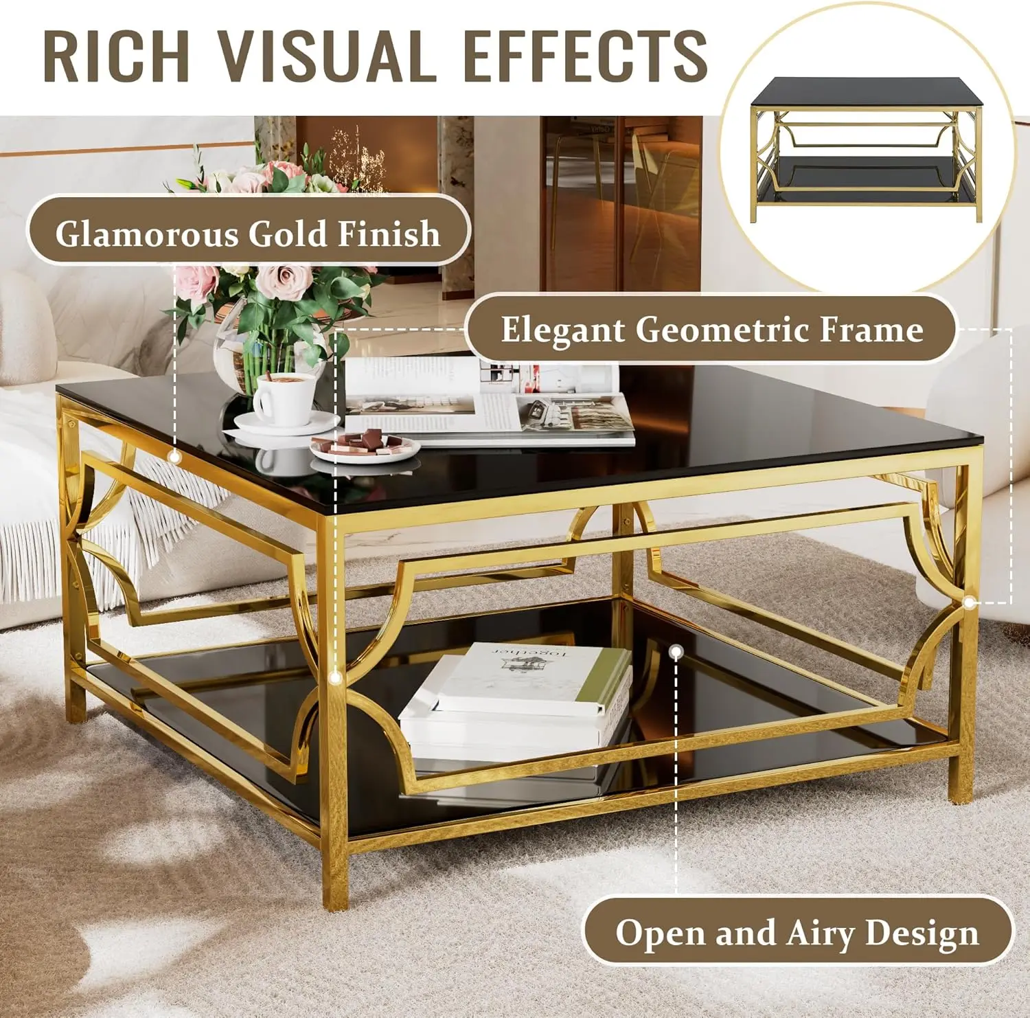 33.5" Modern 2-Tier Square Coffee Table - Glass Table with Metal Base, Center Accent Table for Small Space/Living Room/Bedroom