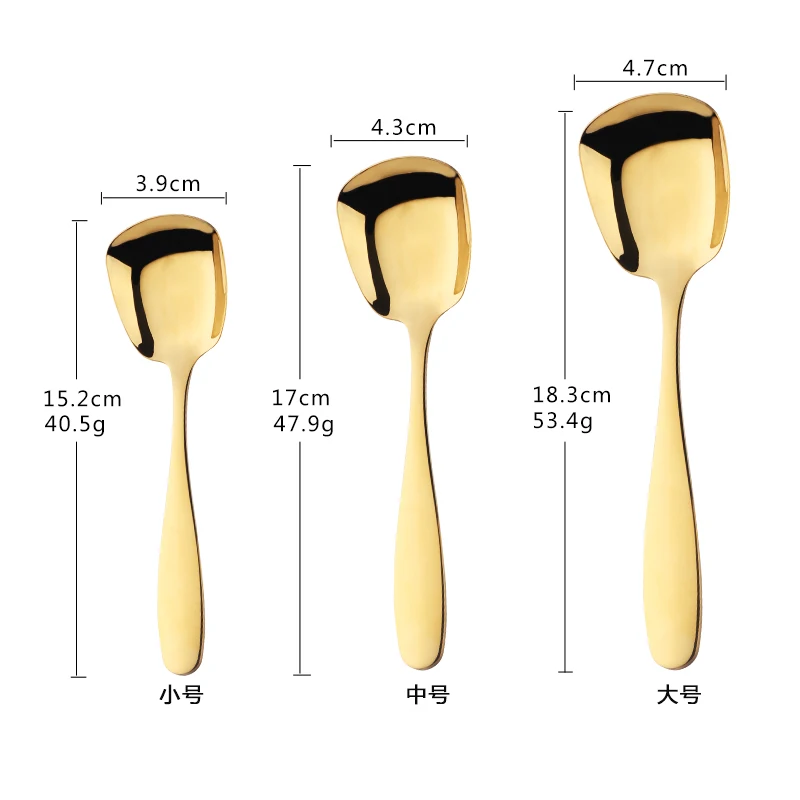 1PC Plat Bottom Spoon Stainless Steel Square Dinner spoons Rice Dinnerware Child Samll Gold Spoon for Ice Cream Dessert Salad
