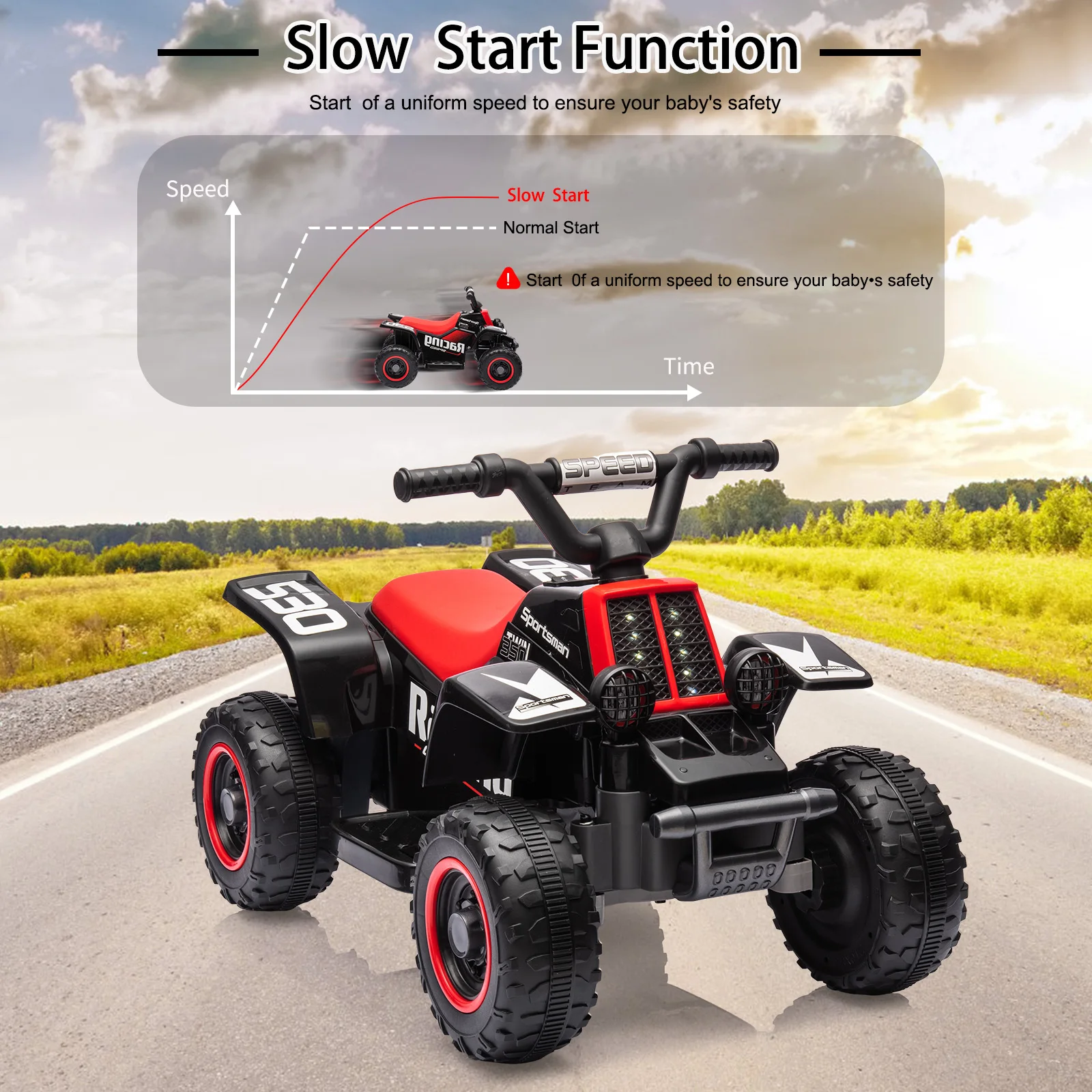 Giro elettrico su ATV per bambini a 4 ruote da 6 V, macchinina con luci a LED, connettività MP3, funzioni avanti e indietro, per oltre 3 anni