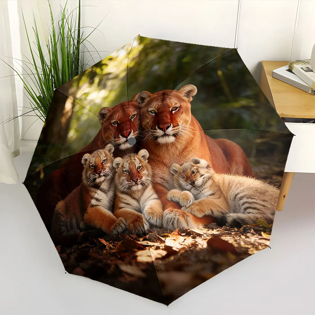 1PC Lion Family in the Wild Forest Setting Print 8 Iron Ribs Folding Umbrella Auto-Open Fashion Sunshade