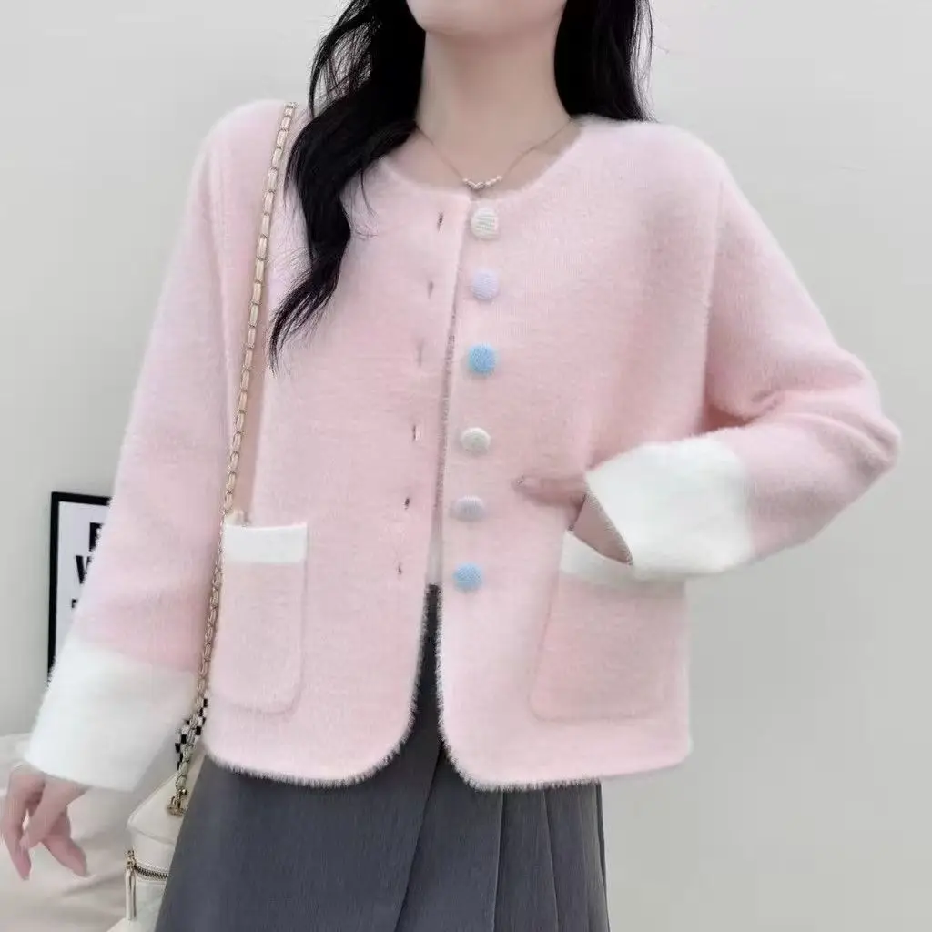 

Корейские элегантные вязаные свитера из искусственной норки, кашемира, милый кардиган, женский кардиган с длинным рукавом и круглым вырезом, осенние зимние модные мягкие топы с карманами