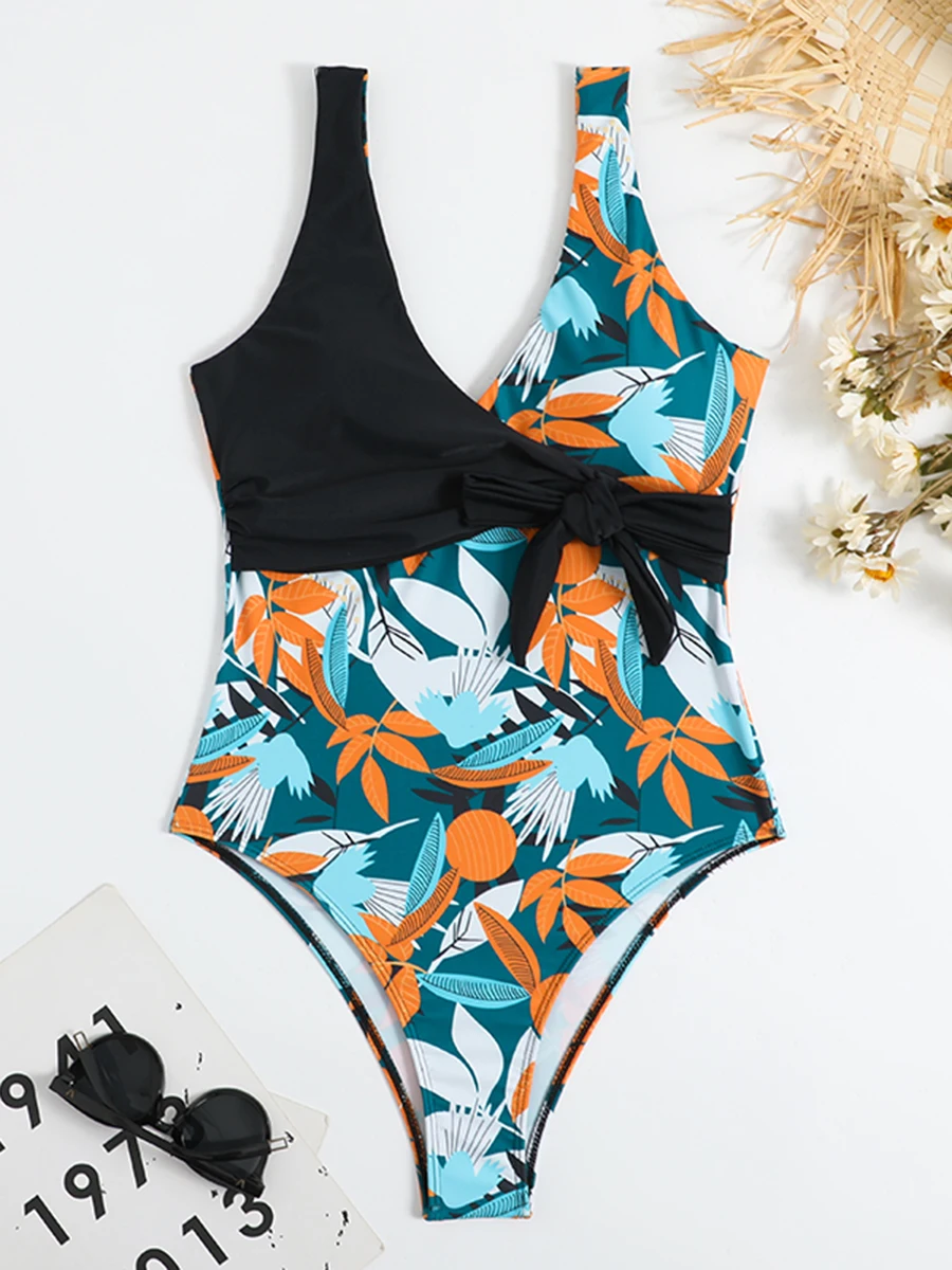 2024 Tropical Print Swimsuit One Piece Knot Side Belted Swimwear Women Padded Bathing Suit Female Swimming Summer Beachwear