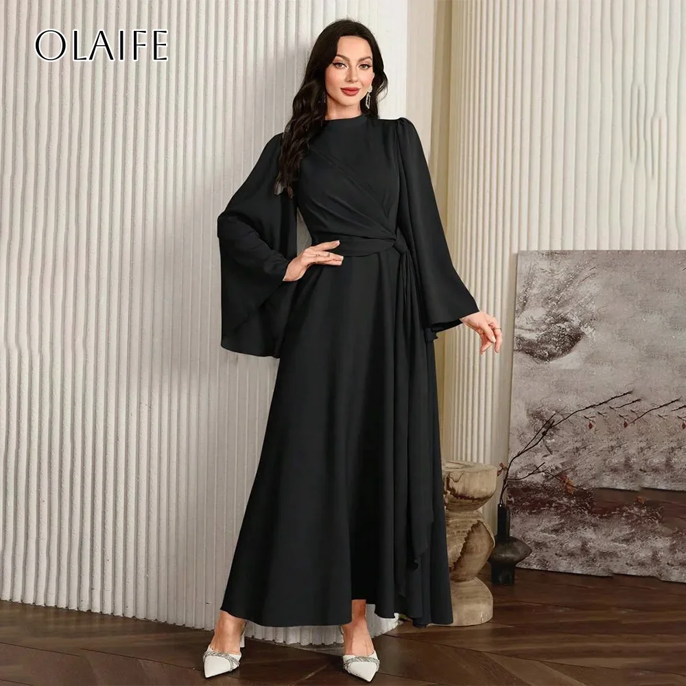 

High-neck Chiffon A-line Prom Dresses Puffy Long Sleeves Ankle Length Pleated Party Wear Customized vestidos de festa