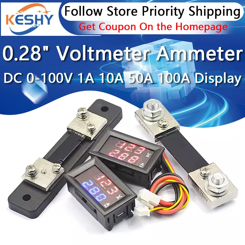 

DC 0-100V 1A 10A 50A 100A 0.28" Digital Voltmeter Ammeter Dual Display Voltage Detector Current Meter Panel Red Blue LED