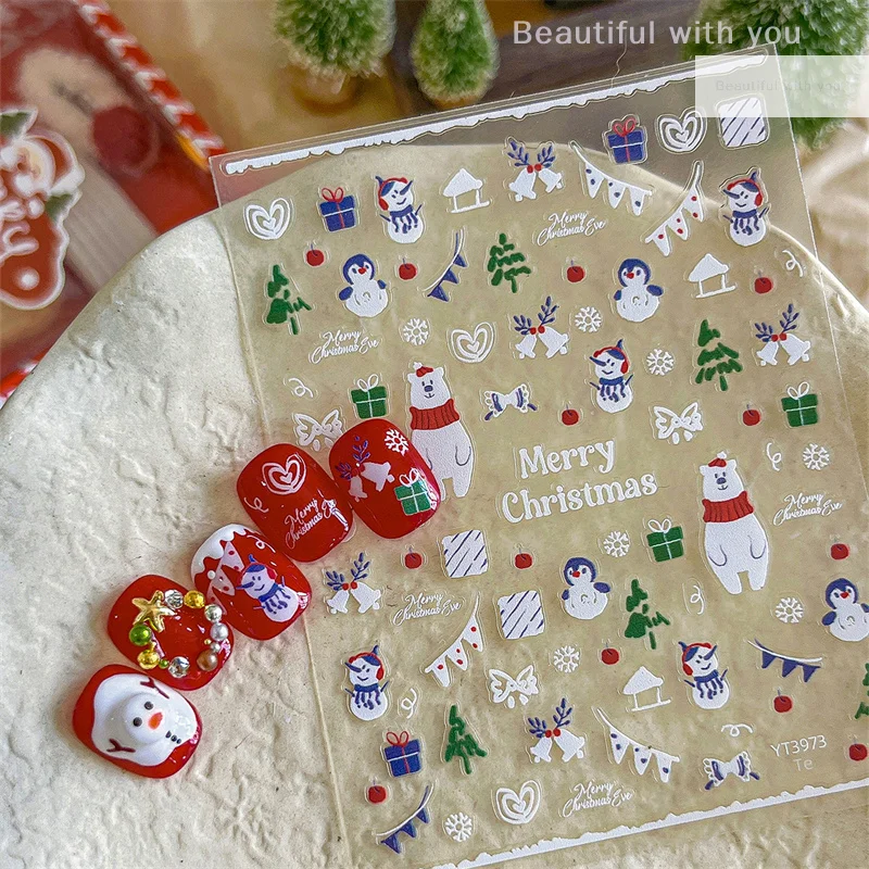 

Christmas Nail Stickers Adhesive Nail Decals With Christmas White Bear Snowman Cartoon Cute Nail Decoration Salon Supply