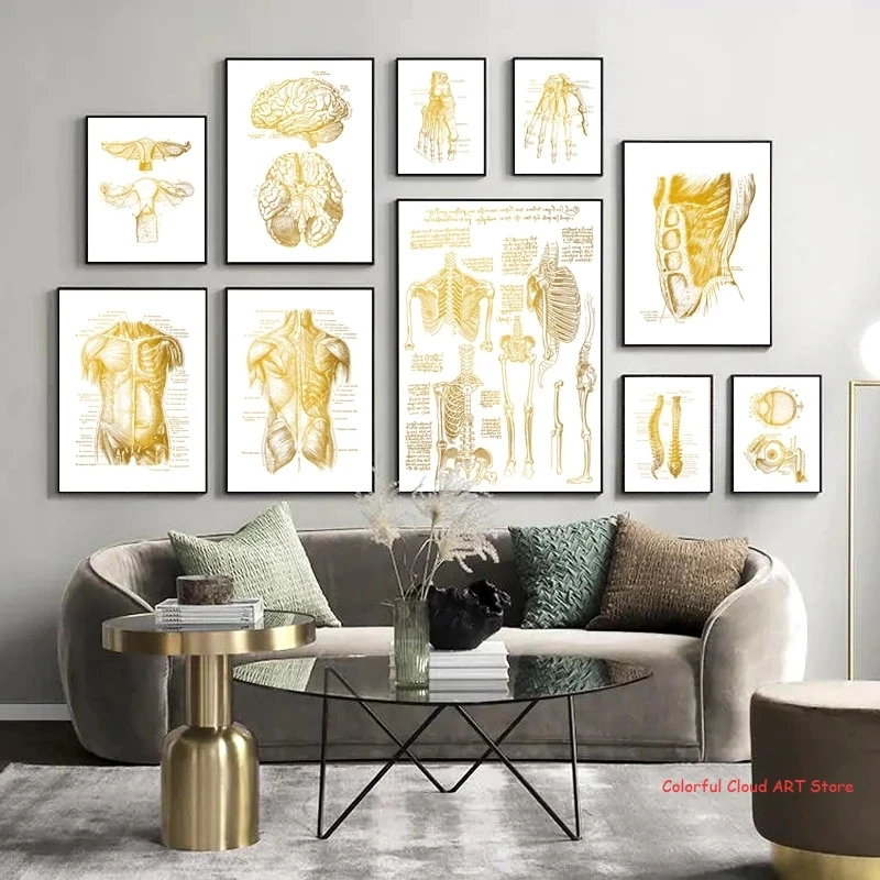 Gold Heart Anatomy Skeleton Canvas Painting Muscle Foot Bone Wall Art Poster Print Nordic Style Pictures for Doctor Office Decor