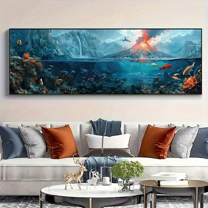 Peinture Diamant Grande Taille Paysage Volcanique Sous-Marin Vibrant avec Poissons, Mosaïque DIY, Art Diamant Carré ou Rond, Bijoux, Point de Croix