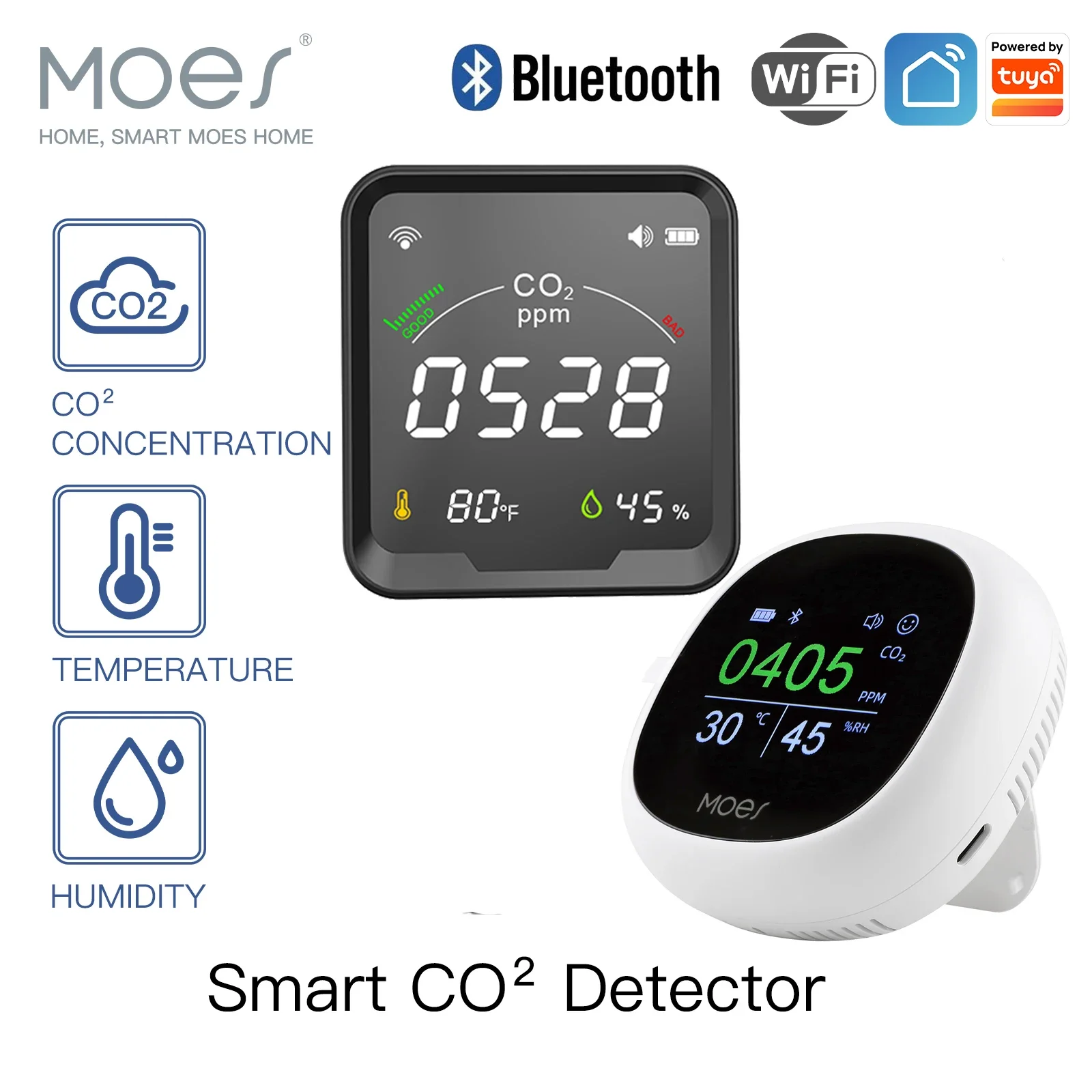 MOES Air Quality Carbon Dioxide Detector with Alarm Clock,Temperature Monitor,Humidity Air Tester,WiFi/BT,Tuya Smart,3 in 1,CO2