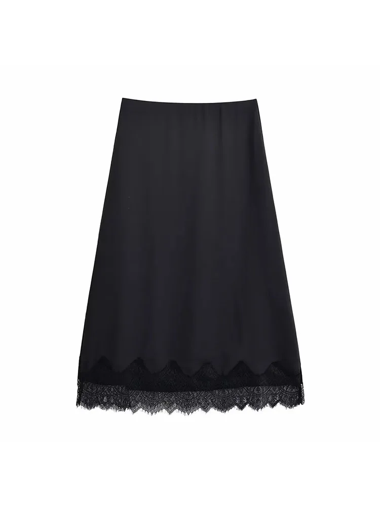 Mujer 2025 otoño nueva elegante falda negra de encaje satinado de lujo Falda larga recta falda de Mujer de fiesta de moda