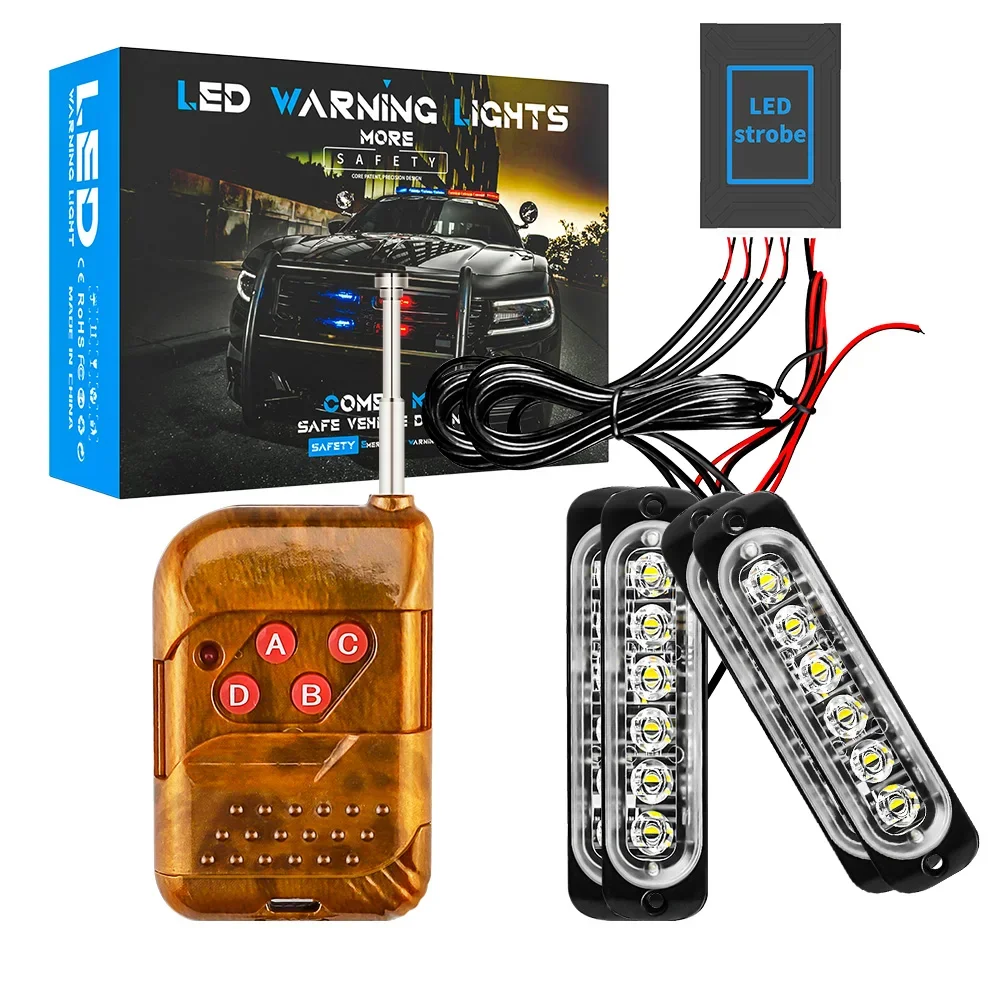 

4X 6 LED Kit Wireless Remote Control Car Front Grille Strobe Light Flashing Emergency Lamp Police Warning Flash Signal 12V 24V