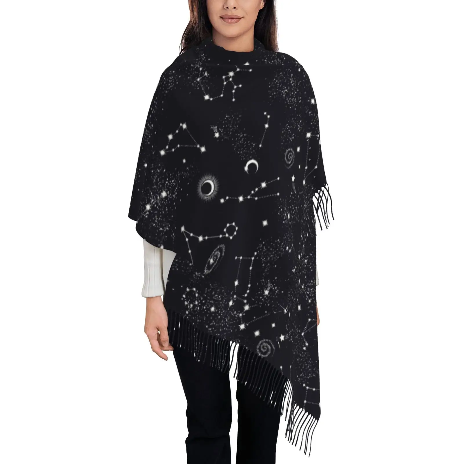 Women Constellation Galaxy Print Shawl Scarf, Black Base Tassel Large Wrap, Soft Fashion Ladies Celestial Cape Scarves