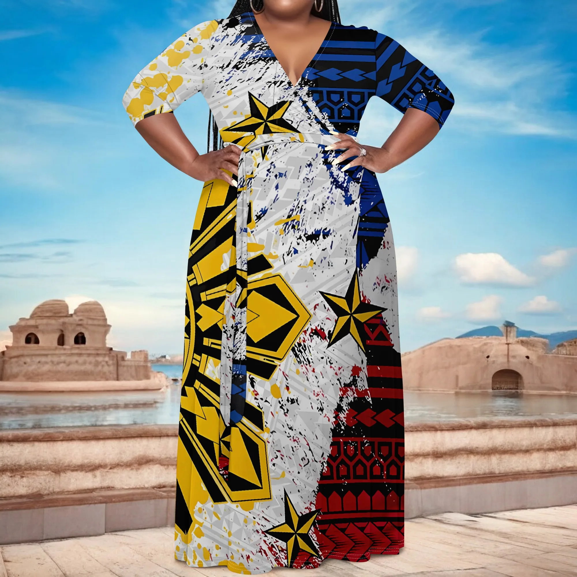 

Nupusa Geometric Star Print Dress for Women Plus Size Summer Casual Wrap V - Neck Half Sleeve Maxi Dress