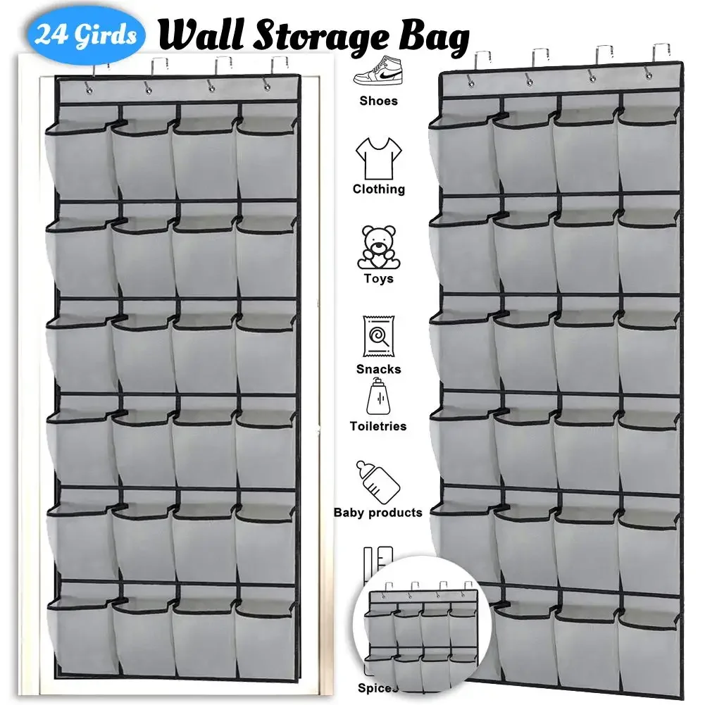 

12/24 Grids Wall-mounted Sundries Shoe Storage Organizers Fabric Closet Bag Rack Mesh Pocket Clear Wall Bag with 4 Metal Hooks