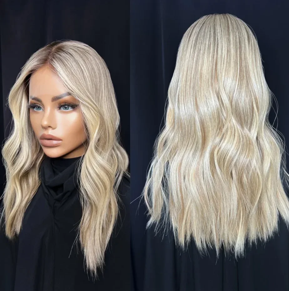 

Soft Light Champagne Blonde Mix Lace Front Wig Wavy 13x4 Synthetic Hair Natural Hairline High Quality comfortable Handmade Wig