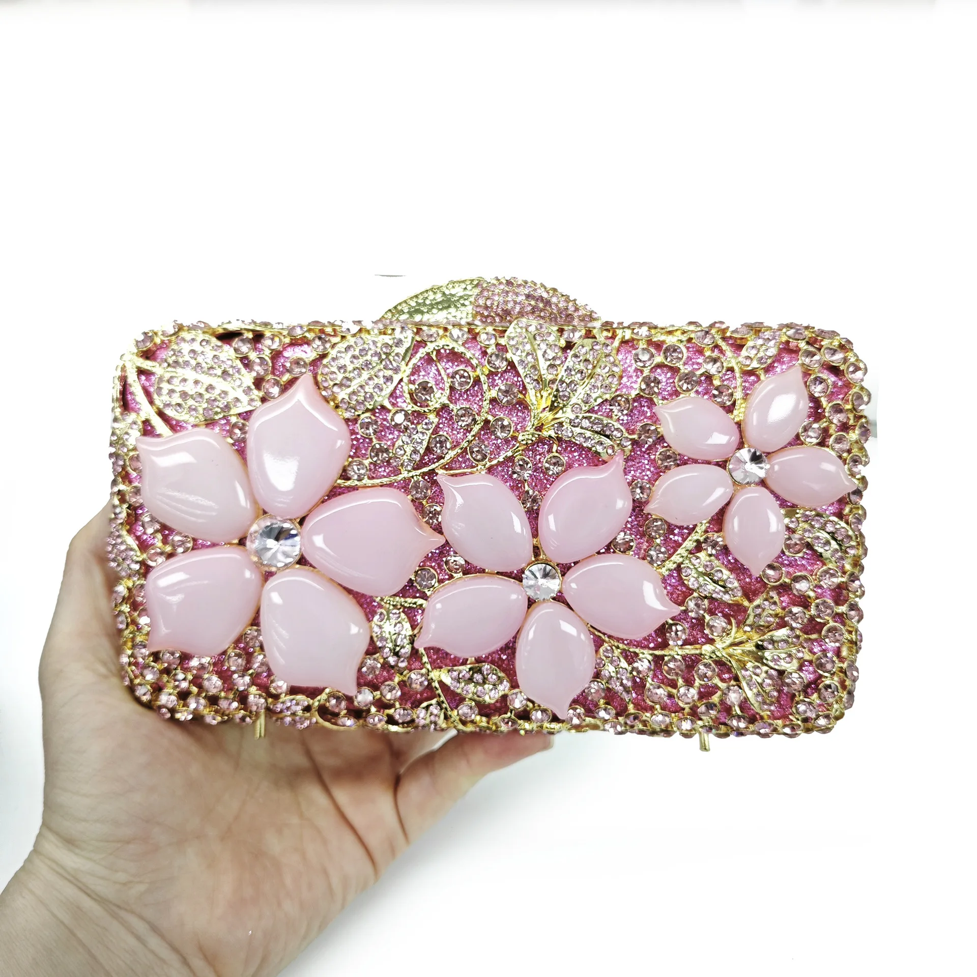 

New Pink Flower Stones Evening Bag Women Floral Silver Crystals Handbags Luxury Rhinestones Bridal Wedding Party Purses