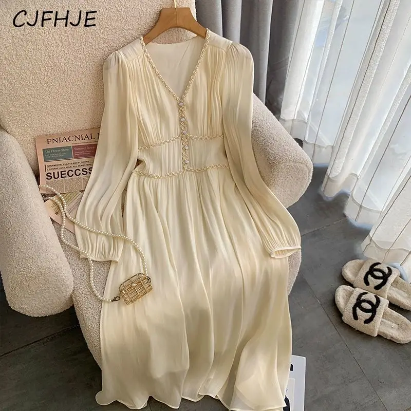 

CJFHJE Spring Women's Fashion V-Neck Temperament Dress Small Fragrance Sweet Sen Series Waist Wrapped Retro Apricot Long Dresses