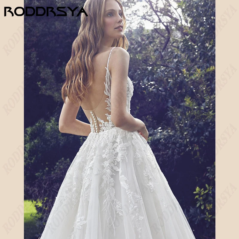 RODDRSYA A-Line Wedding Dresses V-Neck Lace Applique Vestido De Noiva Illusion Tulle Back Bride Party Button Spaghetti Straps