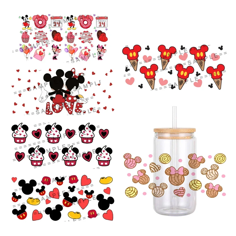 Valentine\'s Day Theme Disney Mickey Minnie UV DTF Transfer Sticker Waterproof Transfers Decals For 16oz Glass Cup Wrap Stickers