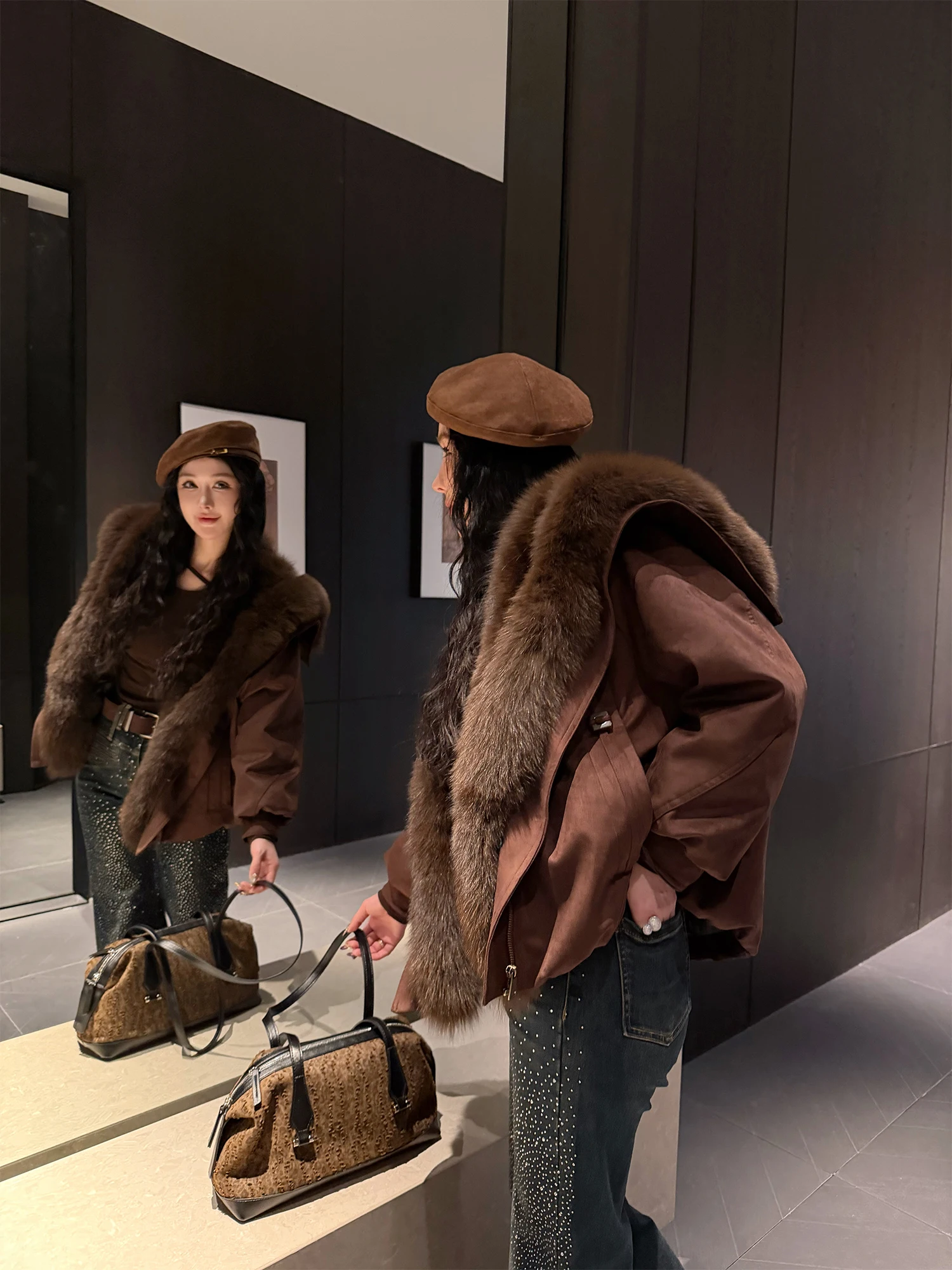 

Ladiesfirst Fur Collar down Jaet Gentle Maturi Sle Large Fur Collar Hooded Loose Outerwear Ele Straight Cut