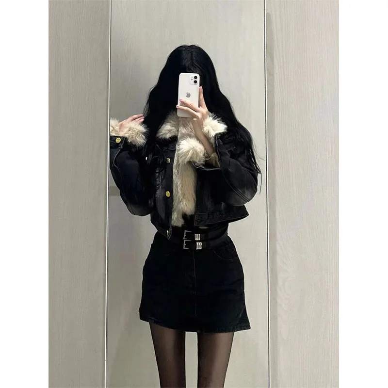 Denim jas hoody bont pluche dames herfst grunge bijgesneden standneck minimalistische stedelijke sociale verzamelen geborduurde gewatteerde jassen