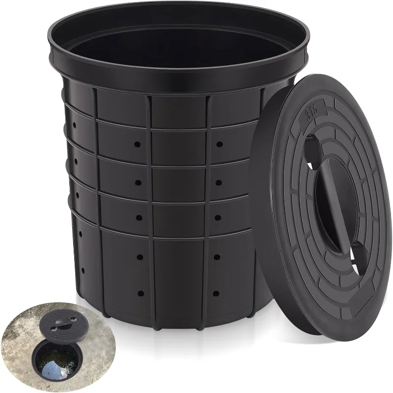 

Perforated Sump Basin with Lid Sump Pump Basin Bucket with Drilled Holes for Crawl Spaces,Yards,Patios and Driveways(Black,13 x
