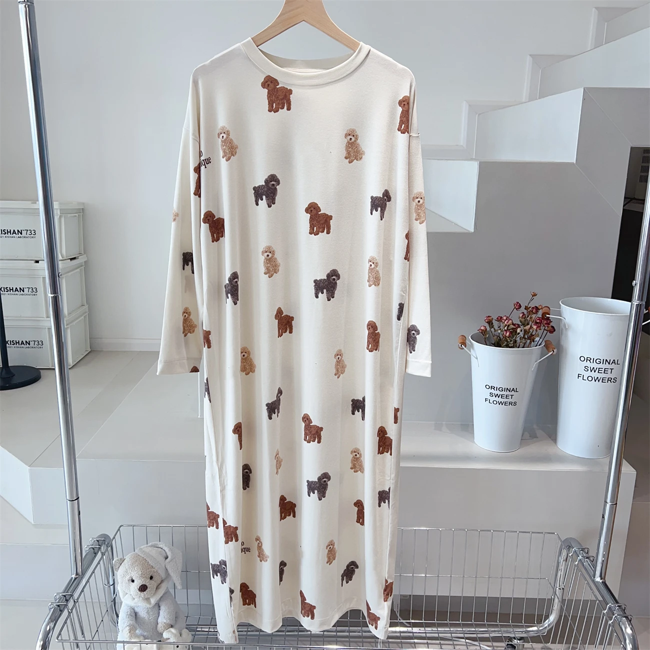 Modal katoenen lang nachthemd Hond Comfortabele ronde kraag met lange mouwen Losse halflange nachthemden Huiskleding Slaapshirts