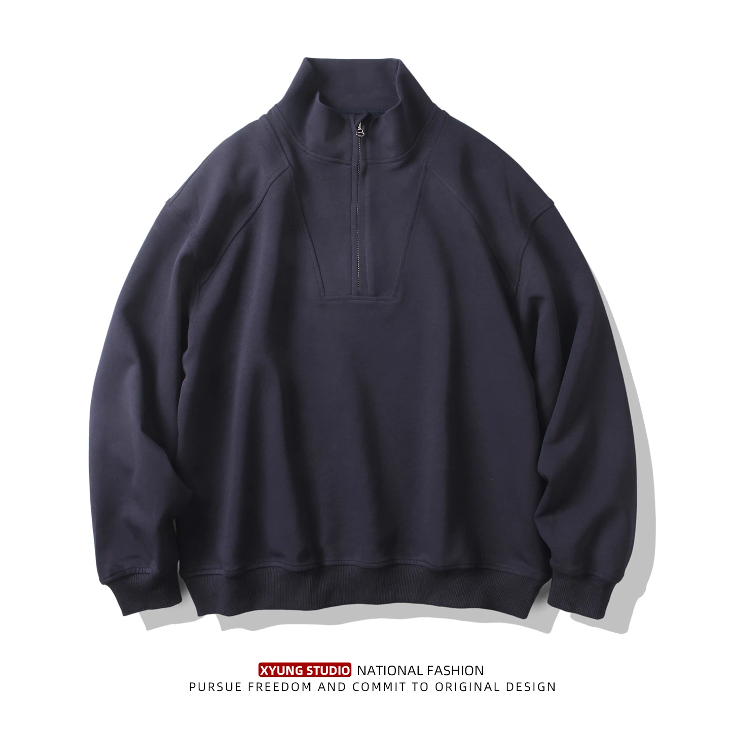 Spring 2026 Men's Loose Fit Zip-Up Hoodie Sporty Casual Outerwear Versatile Half Open Zip Collared Sweatshirt Knitted Fabric