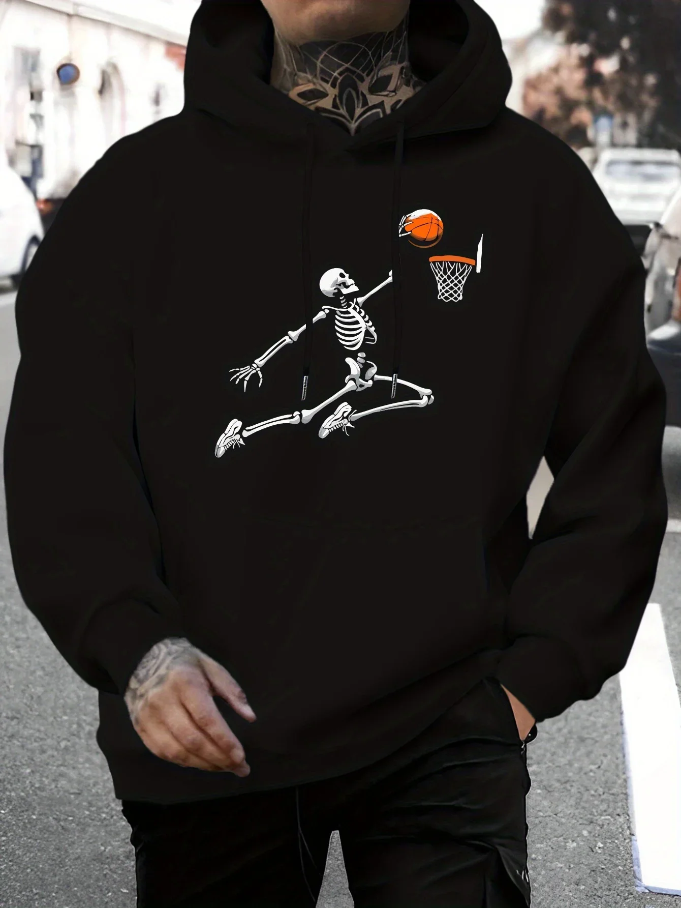 Men Flying Dunk Skeleton Basketball Front Print Hoodie Oversized Loose Pullover Sports Hip Hop Street Sweatshirt